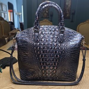 Structured Croc-Embossed Satchel Bag in Dark Brown
